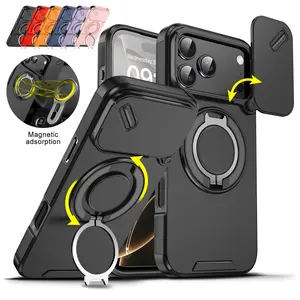 OREKROY Phone Case for iPhone 17 Pro Max, 17 Air, 17 Pro, 17, 16, 15, 14, 13, 12 - Slide Camera Lens Cover, Rotating Ring Holder Kickstand, Magnetic Car Mount Compatible
