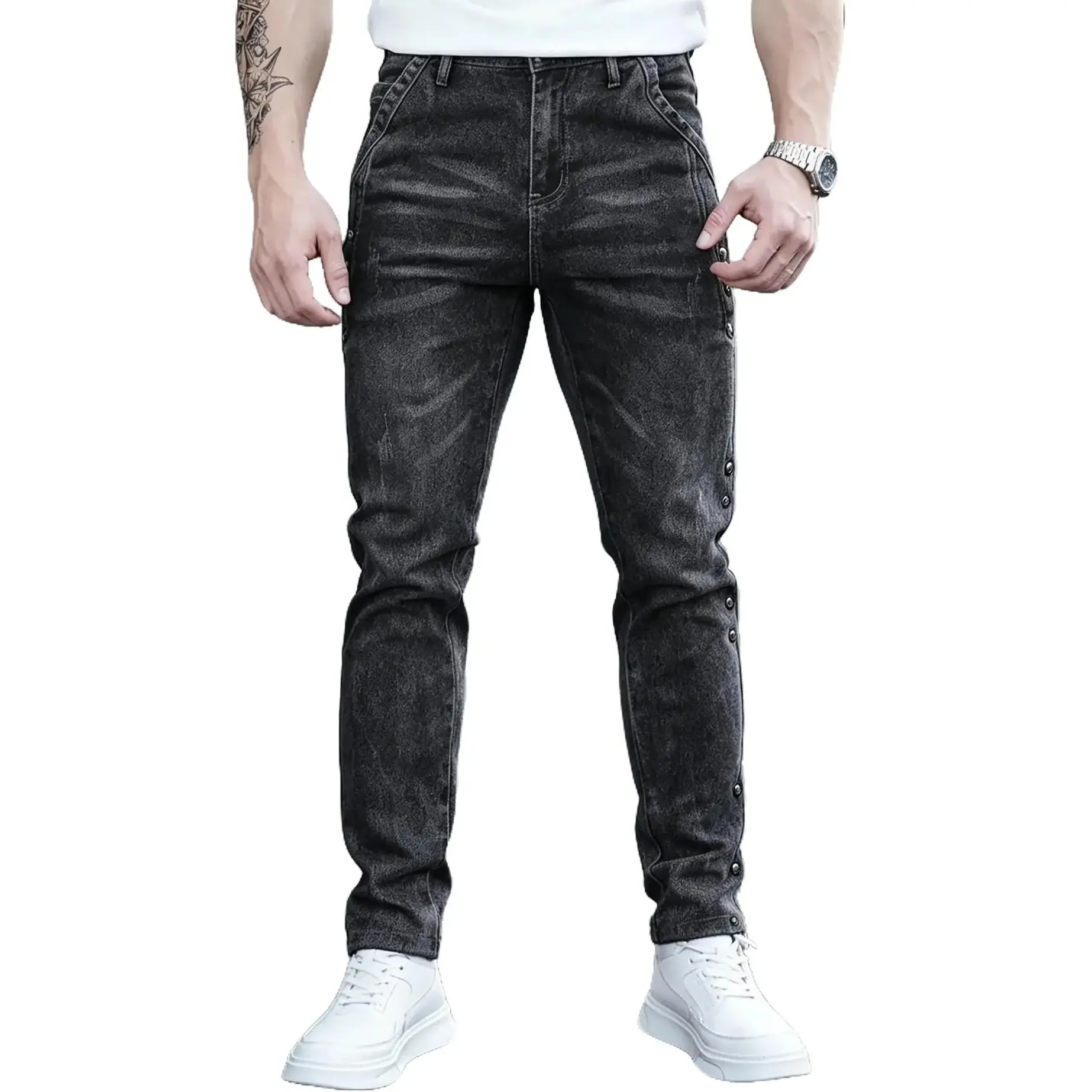 Men’s distressed fade stretch jeans with side buttons, slim tapered fit; minimalist retro everyday street style with five pockets; casual stretch denim long pants made from high-quality denim fabric—stretchy, breathable, slimming cut; a versatile all-seas