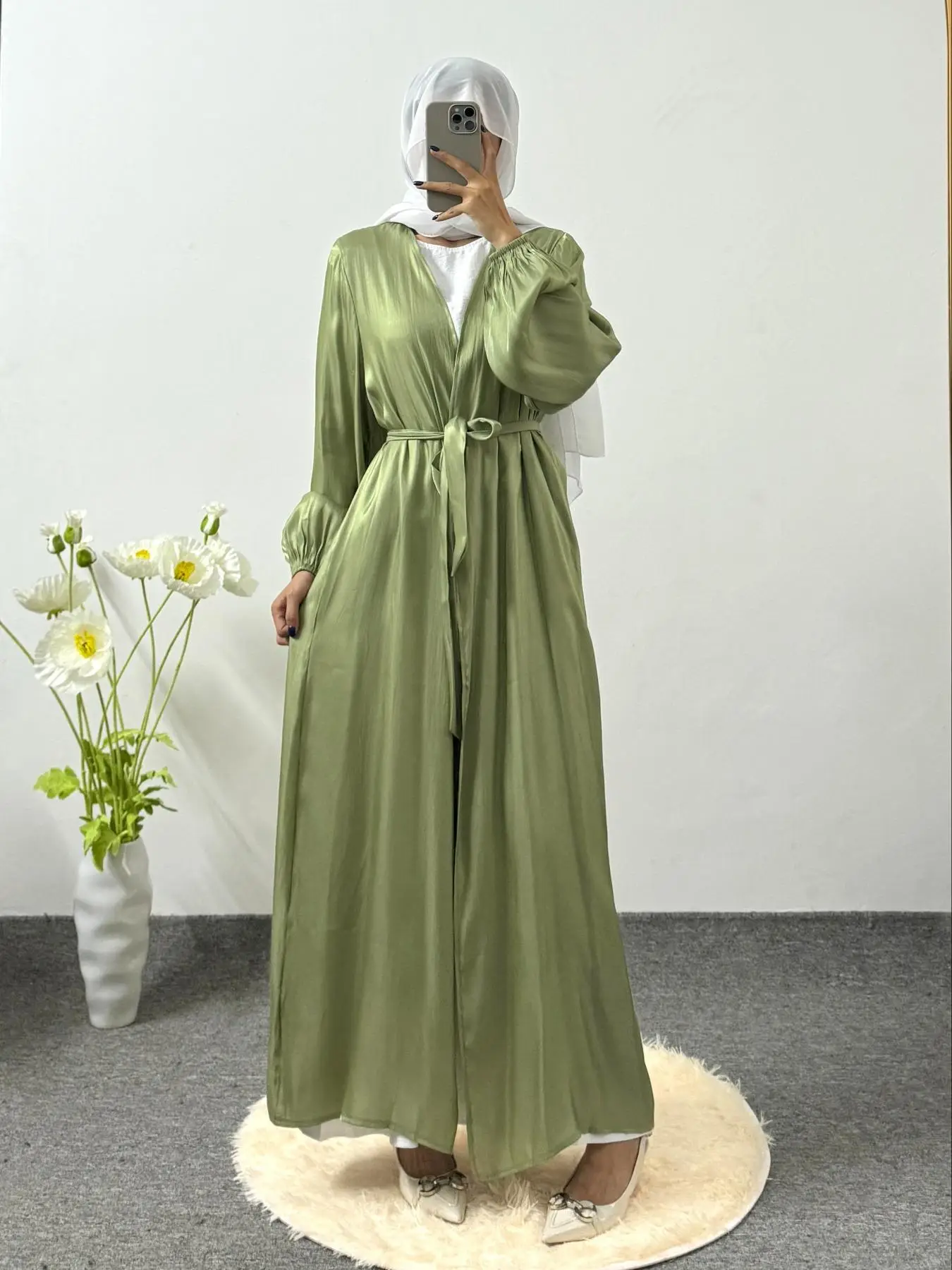 Women's Solid Color Belted Lantern Sleeve Abaya without Hijab, Modest Long Sleeve Muslim Maxi Abaya Dress for Daily Wear, Ladies Islamic Clothing for