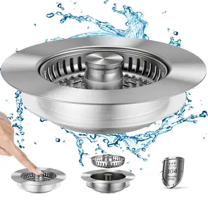 Upgraded 3 in 1 Kitchen Sink Drain Strainer Stopper, Brushed Stainless Steel SUS 304 Pop Up Sink Drain Stopper for Standard 3-1/2 Inch Drain Anti-Clogging Odor Prevention