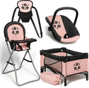 Baby Doll Nursery Set for Toddlers – 4-in-1 Pretend Play Playset with Doll Bed, High Chair, Carrier & Rocking Chair – Pink & Black Doll Accessories for Girls Ages 3–5