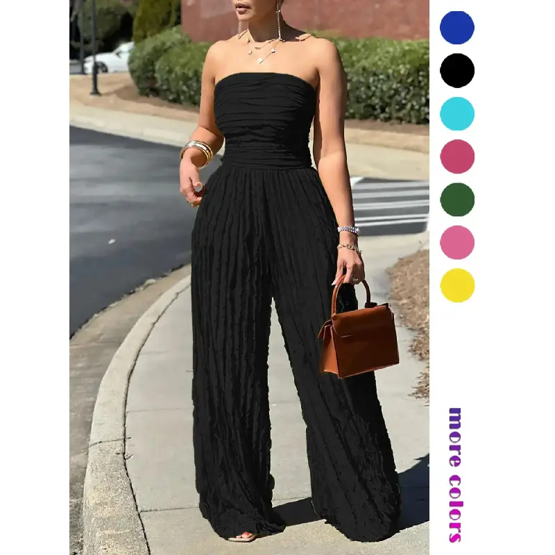 Women's Elegant Slim-Fitting Strapless Sleeveless Off-Shoulder Full-Length Pleated Backless Strapless Suit Jumpsuit - Minimalist Solid All-Season Casual Night Out Wear