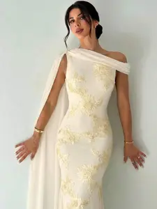 💛 Elegant Yellow One Shoulder Mermaid Maxi Dress With Embroidered Mesh Shawl, Perfect Party Look.