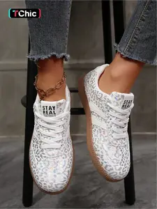 A pair of women's all-season thick-soled leopard print German training shoes, retro thick-soled white sneakers, casual versatile sneakers Trainer Athletic Closed Footwear
