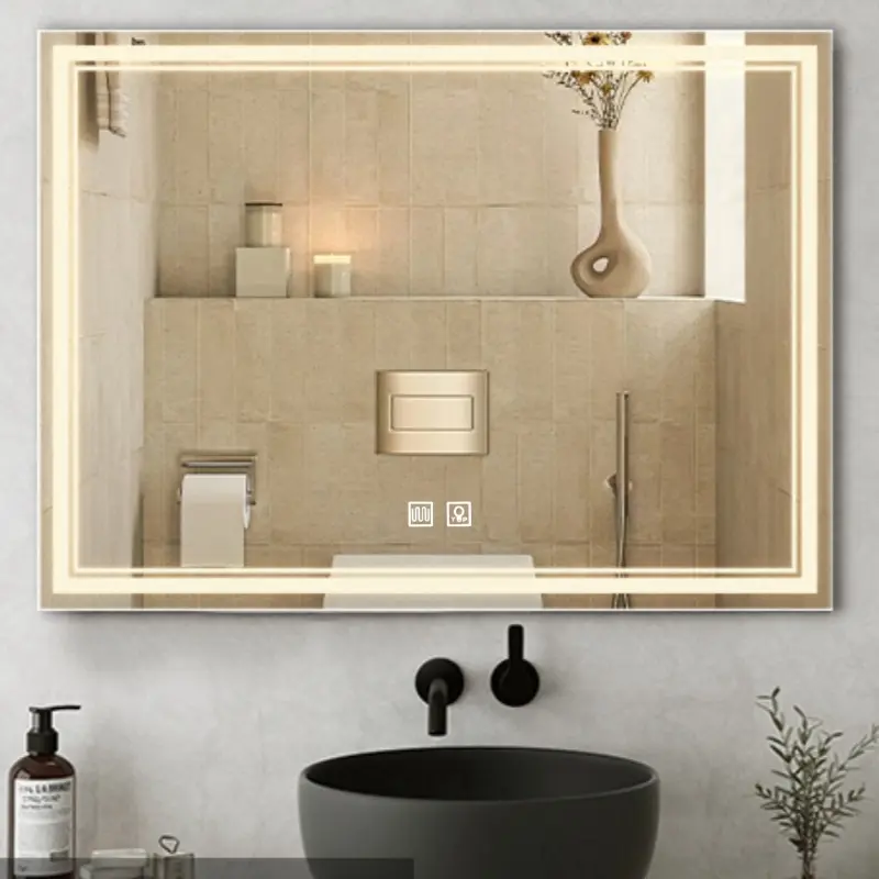 SHAMATE Indoor Modern Smart LED Wall-Mounted Bathroom Vanity Mirror - 24x16 in Horizontal Rectangular Glass, Dual Touch Buttons, Long Press Brightness Adjustment, Anti-Fog, Dimmable Polished Household Fixture, Makeup Products