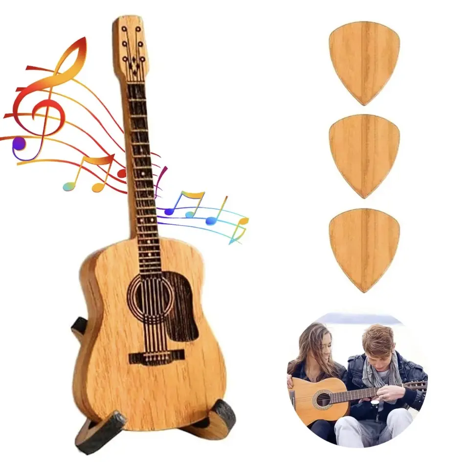 Wooden Guitar Pick Box with Stand - 3PCS Unique Guitar Picks, Mini Guitar Pick Holder for Guitarists, Portable Handcrafted Guitar Picks Case for Weddings, Birthdays, Anniversaries Gift
