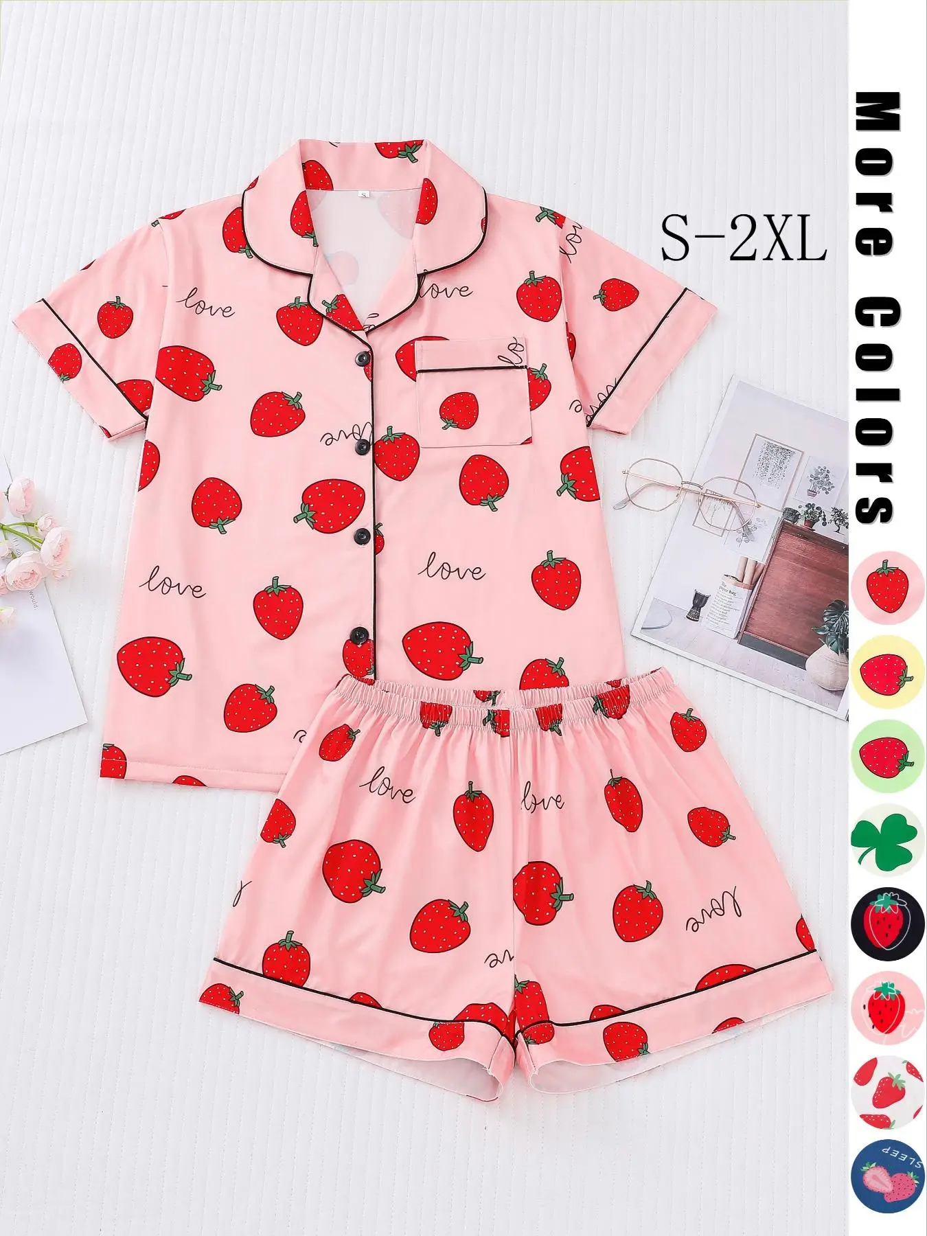 2 Piece Set Women's All Over Print Contrast Binding Pajama Set, Cute Button Front Shirt & Elastic Waist Shorts, Women Nightwear, Back To School Wear,