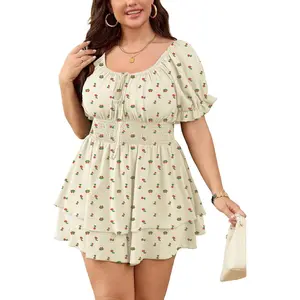 Plus Size Romper Dress – Square Neck Puff Sleeve High Waist Ruffle Summer Jumpsuit for Women - Chuppy Chic