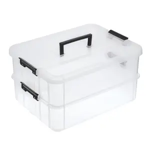 2 Layer Stack & Carry Box, Plastic Multipurpose Portable Storage Container Box Handled Organizer Storage Box for Organizing Stationery, Sewing, Art Craft, Jewelry and Beauty Supplies Black