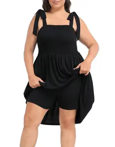 HDE Womens Plus Size Romper Dress with Built-in Shorts & Pockets Tie Strap Dress Above the Knee Summer Fitted Sleeveless Stylish Fashion