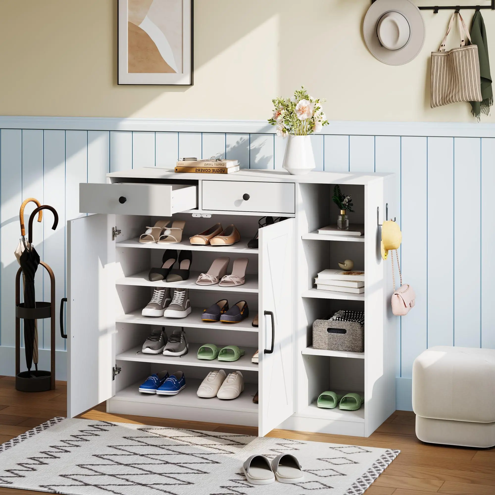 GARVEE Shoe Storage Cabinet, Modern Farmhouse Shoe Rack Organizer with 6 Adjustable Shelves & 2 Drawers, Freestanding Entryway Cabinet for Living Room, Mudroom, Hallway, White