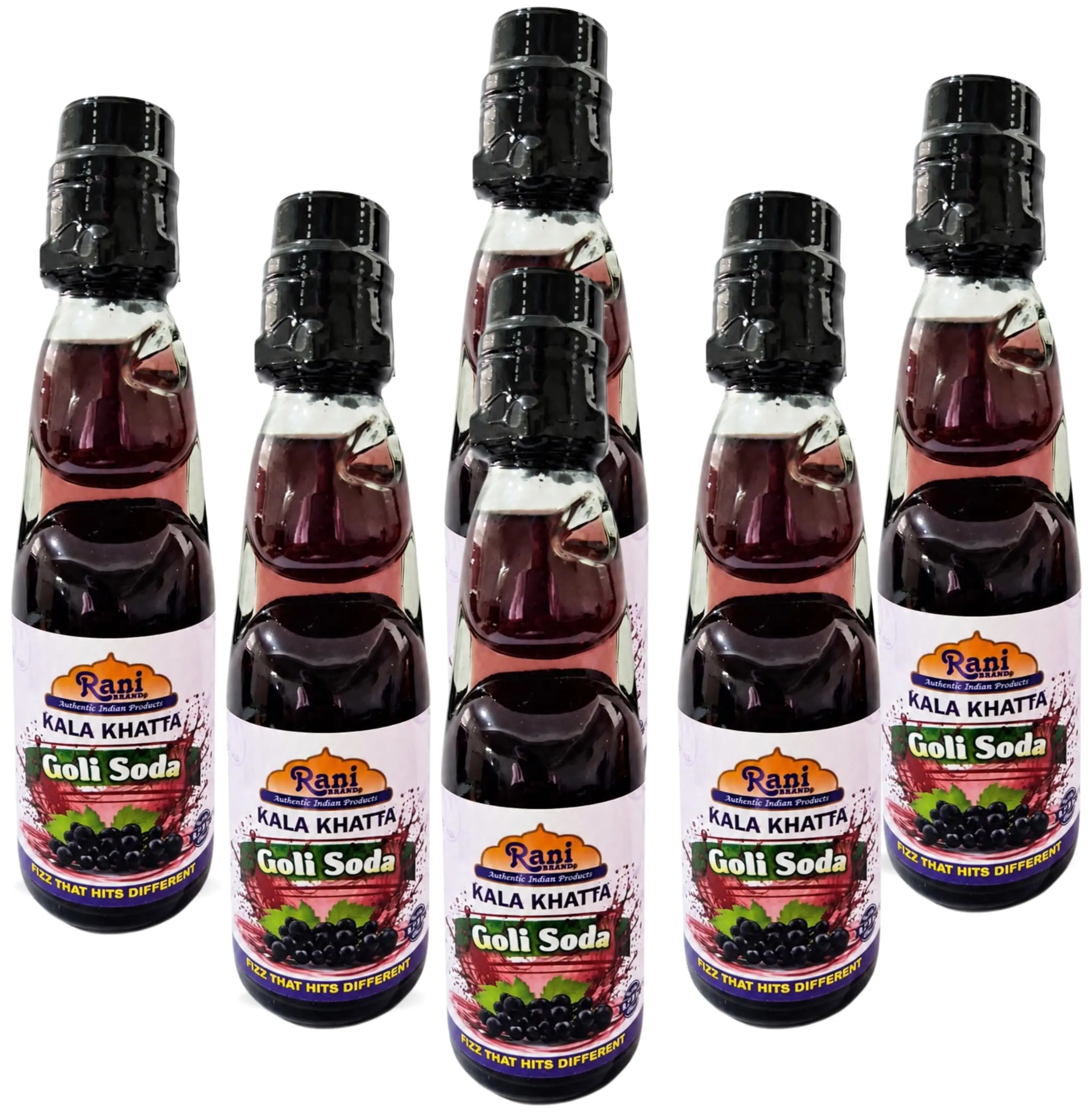 Rani Kala Khatta (Black Grapes) Goli Soda 6.7 fl oz (200 ml) Glass Bottle with Marble Seal, Pack of 6 ~ Vegan | Gluten Free | Non-GMO | Indian Origin