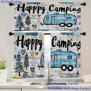 JOYFINITY 3pcs/Set Polyester Fabric "Happy Camping" Kitchen Curtain Set - 2D Flat Printing Retro Camper Trailer with Hearts and Trees Pattern, Perfect for RV, Cabin, or Outdoor Decor, Cabin Decoration, Home Decoration, Vintage Design, Highq