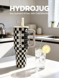 HydroJug 40oz Stylish Black & White Checkered Traveler Tumbler Water Bottle - 24hr Cold Retention, Leakproof Lid, Cup Holder Friendly, Portable Vacuum Flask for On-the-Go Lifestyles, Water Bottles