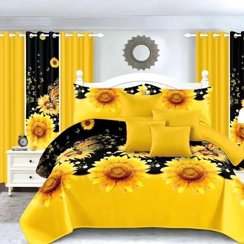 Sunflower Bed Spread 14 Pcs - Yellow and Black Floral Design, Set of Assorted Colors for Bedroom