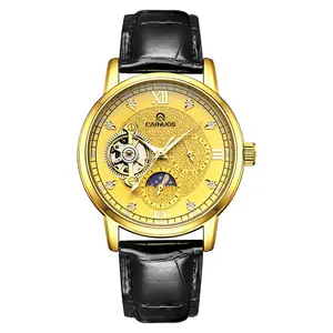 CAINUOS Men's Luxury Swiss Automatic Gold Watch, 24-Hour Display, Sun & Moon Indicator, 37mm, Genuine Leather Strap, Waterproof, Buckle durable business men anniversary gift grace lux stylish elegant design