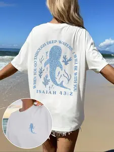 Women's Whale & Coral Print Round Neck Tee, Fashion Casual Loose Crew Neck T-Shirt for Daily Holiday Vacation Outdoor Wear, Ladies Clothes for Summer, Top