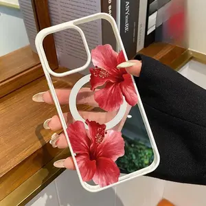 Hibiscus Eternal Growth Pattern Magnetic Phone Case Supports Wireless Charging for iPhone17/16/15/14/13/12/11/X/XS pro max plusSamsungS22/S23/S24/S25FE PLUS ULTRAShockproof Non Slip Protection Silicone Transparent Acrylic Cover Cellphone Protective