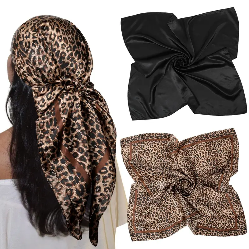 AWAYTR Women's 35x35 in Silky Satin Large Square Head Scarf 2-Pack - Silk-Like Printed Fashion Accessory for Outfit Matching, Driving - Ideal for Engagement Events, Head Wrap