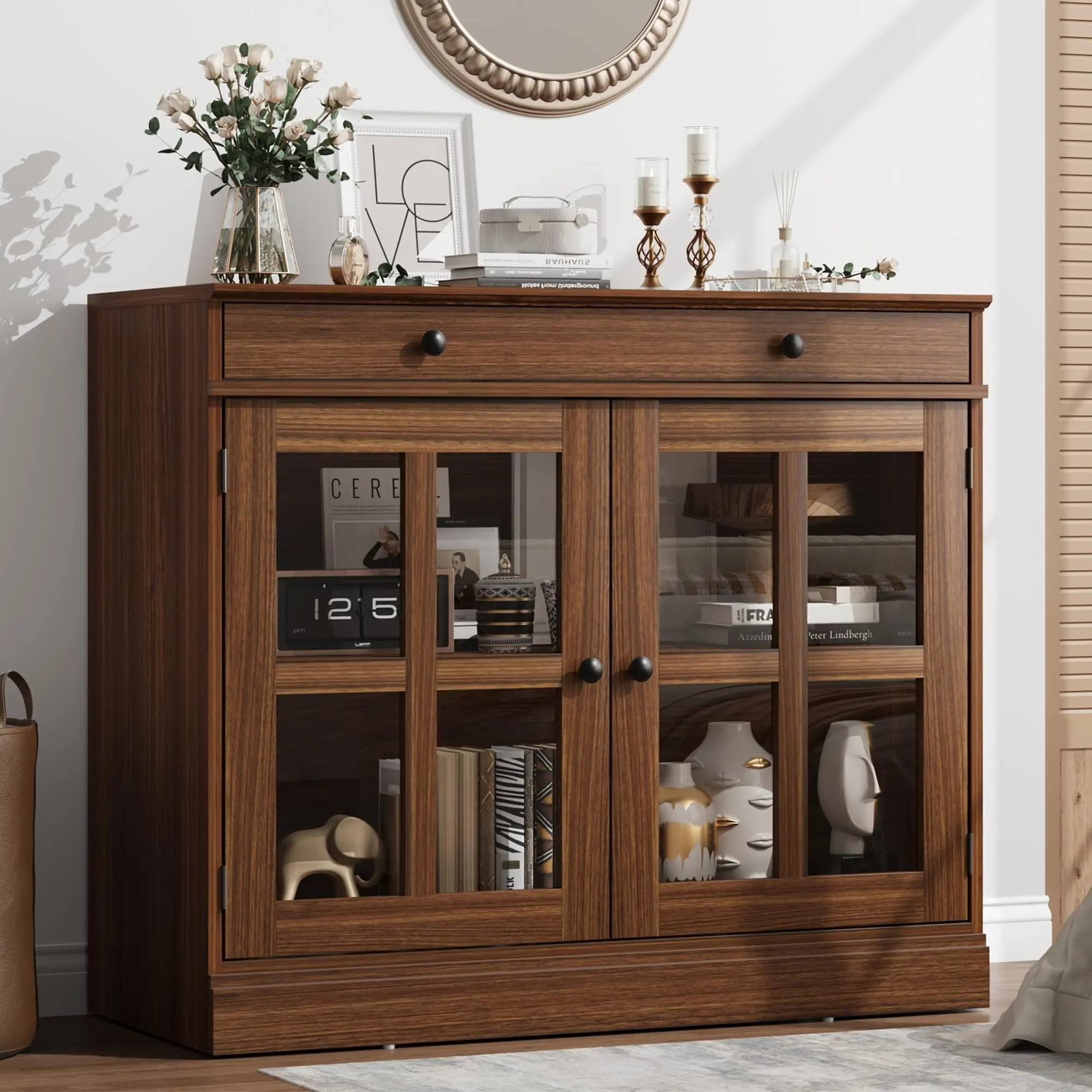 Coffee Bar Cabinet - Modern Sideboard Buffet for Dining Room with Glass Doors, Drawer, Adjustable Shelf & Liquor Storage