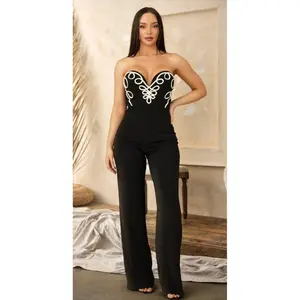 LOOP SWIRL DESIGN CURVED V STRAPLESS JUMPSUIT - STRING LOOP SWIRL DETAIL / INNER CURVED STRAPLESS / ZIPPER ON THE BACK