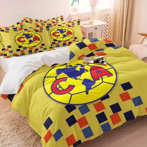 Club América Geometric Logo Printed Duvet Cover Set & 1-2 Pillowcases No Inner Pillows, Red Blue Black Geometric Square & Round Team Badge of Club América, Comfortable Soft, Energetic Sports Fan Bedroom Decor, Gift Choice