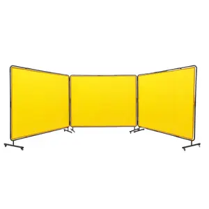 Welding Screen With Frame, 6 Ft x 8 Ft, Three-Panel Welding Curtain, Flame-Resistant Vinyl Protection Shield on 12 Swivel Wheels (Six Lockable), Movable Barrier for Workshop Safety, Yellow