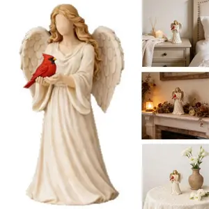 Handmade Cardinal Angel Memorial Statue, Peace Symbol Home Fireplace Decoration, Ivory Color with Cardinal Accents Gift, Ornaments