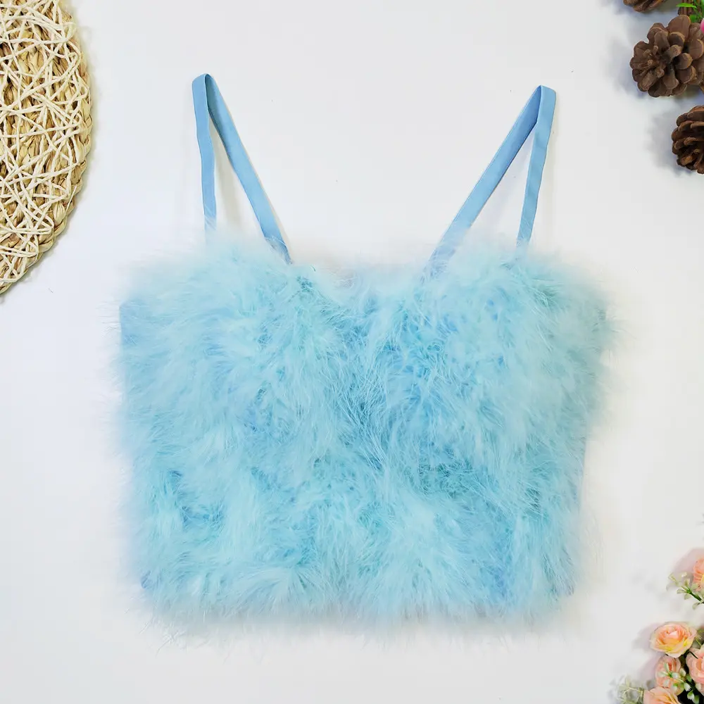 Women's Elegant Sleeveless Slim-Fitted Short Length Fish Bone Shaper Crop Tank - Corset Halter Tube Top with Short Ostrich Feather Trim, Weighted Vest Blusa for Wedding Party, Spring Summer Women's Clothes