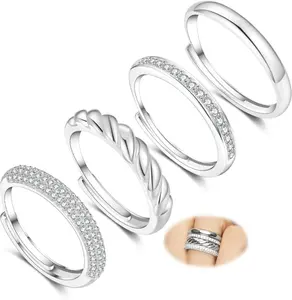 Senteria 4Pcs Silver Stackable Rings for Women Adjustable Chunky Silver Thumb Rings Set Waterproof Cubic Zirconia Ring for Women Non Tarnish