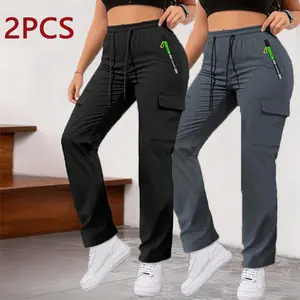 2PCS Women's Spring/Autumn Zipper Pocket Work Pants, Stylish Large Pocket Design with Elastic Waistband, Casual Outdoor/Everyday Wear Tight-Fitting Long Pants Bottom Fabric Drawstring Womenswear Lightweight work outfits women baggy pants