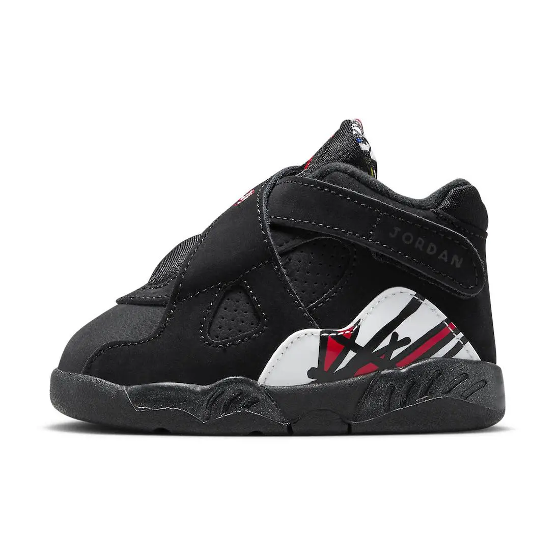 NIKE Boys' Low Top Shoes Sporty Trainers - Toddler Jordan 8 Retro "Playoffs" Graphic Style with Logo, 0-2 Years, Black-True Red-White, Hook and Loop Closure (305360 062)
