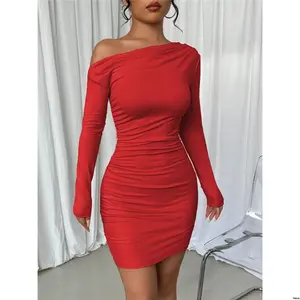 Clothes Year New For Sleeve Long Neck Elenzga Solid Color Asymmetric Ruffle Dress