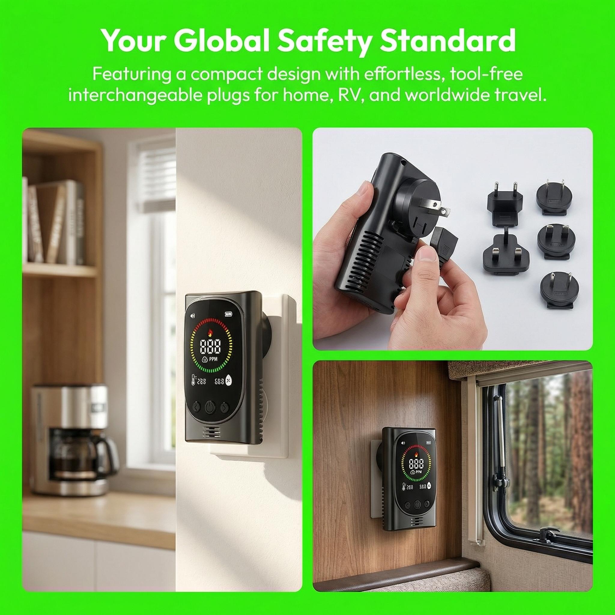 GC600 Mini CO Gas Detector – 4-in-1 Carbon Monoxide, Combustible Gas, Temp & Humidity Monitor, Smart Alarm with Sound & Light, Plug-in Worldwide, Compact & Portable, Real-Time Safety Display