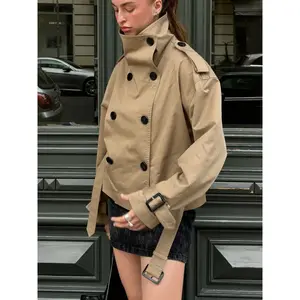 Women's Windbreaker Beige Cropped Trench Coat Double Breasted Jacket with Belted Waist Shoulder Casual Women's Layered Outerwear Female Coat Winter ﻿