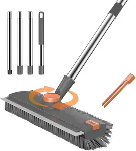 Floor Scrub Brush with Long Handle – 3-in-1 Heavy Duty Stiff Bristle Floor Scrubber with 360° Rotating Head, Scraper & Squeegee, Shower Cleaning Brush for Bathroom, Kitchen, Tile, Wall & Floor, Multi-Purpose Cleaning Tools, Home Cleaning Supplies