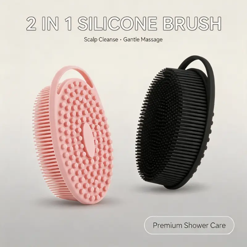 2 in 1 Silicone Loofah Body Scrubber, Soft Food Grade Silicone Shower Sponge Shampoo Brush, Gentle Exfoliating Back Scrubber for Sensitive Skin Baby Adults, Suction Cup Hanging Bath Accessory