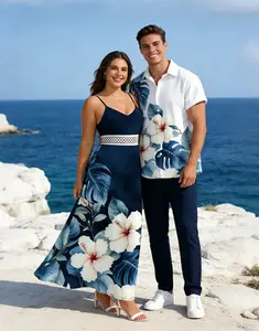 DRESSLILY 2026 Tropical Vacation Couples Clothes Set - Women's Sleeveless Spaghetti Strap Fitted Comfy Lightweight Hibiscus Floral Leaf Print Slit Lace Hollow-Out Long Dress, Men's Button-Up Style Matching Outfit