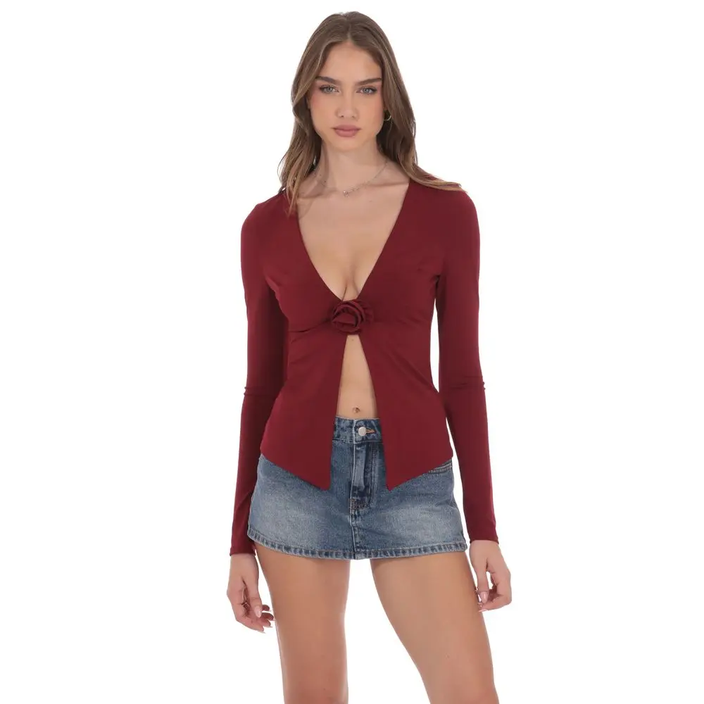 LUCY IN THE SKY Women's Maroon Rosette Fly Away Blouse - Lady's Garment, Stylish Shirts for Women, Polyester Blend, Female Blouse