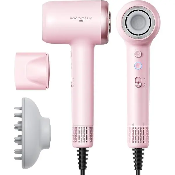Wavytalk Turblow Pro Fast Drying Hair Dryer with Diffuser | 110k RPM Fast Dry | 2 Attachments for All Hair Types | Ions Reduce Frizz & Damage, Boost Shine | 3 Speeds & 3 Temps (Pink)