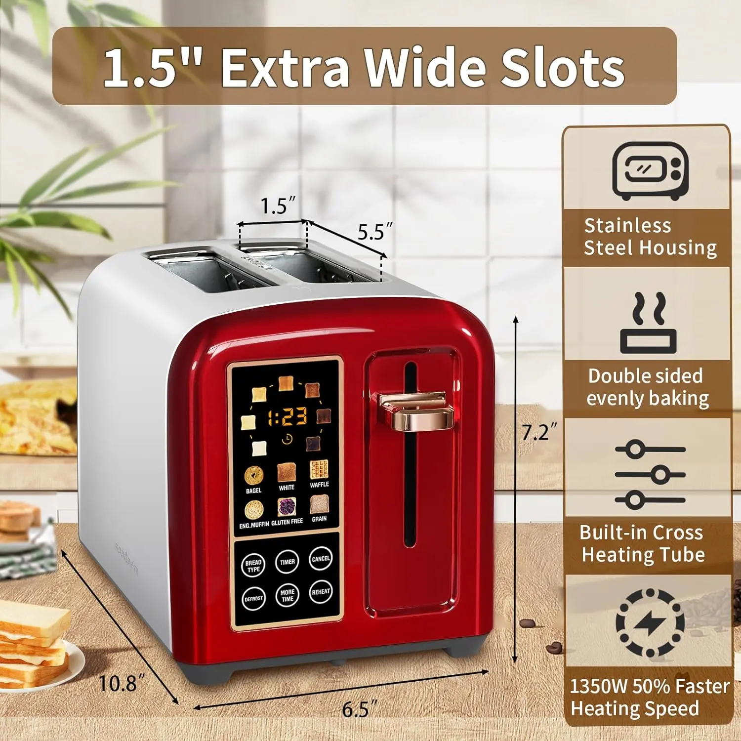 Toaster 2 Slice, Stainless Toaster LCD Display&Touch Buttons, 50% Faster Heating Speed, 6 Bread Selection, 7 Shade Setting, 1.5''Wide Slot, Removable Crumb Tray, 1350W wide slot kitchen  toaster Double Sided Evenly Baking Multiple Functions Defrost Reheat