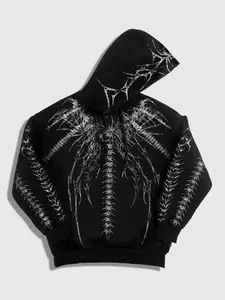 Dark Skeleton Print Hoodie, Y2K Gothic Loose Fit Sweatshirt, Unisex Streetwear Trendy Outerwear, Fall & Winter Fashion
