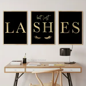 3-Pack Dark Canvas Print Wall Art Eyelash Extension Wall Art Gold Eyelash Artwork, Suitable for Beauty Salon Eyelash Studio Living Room Decoration Modern Home Decor Frameless Unframed Art Print