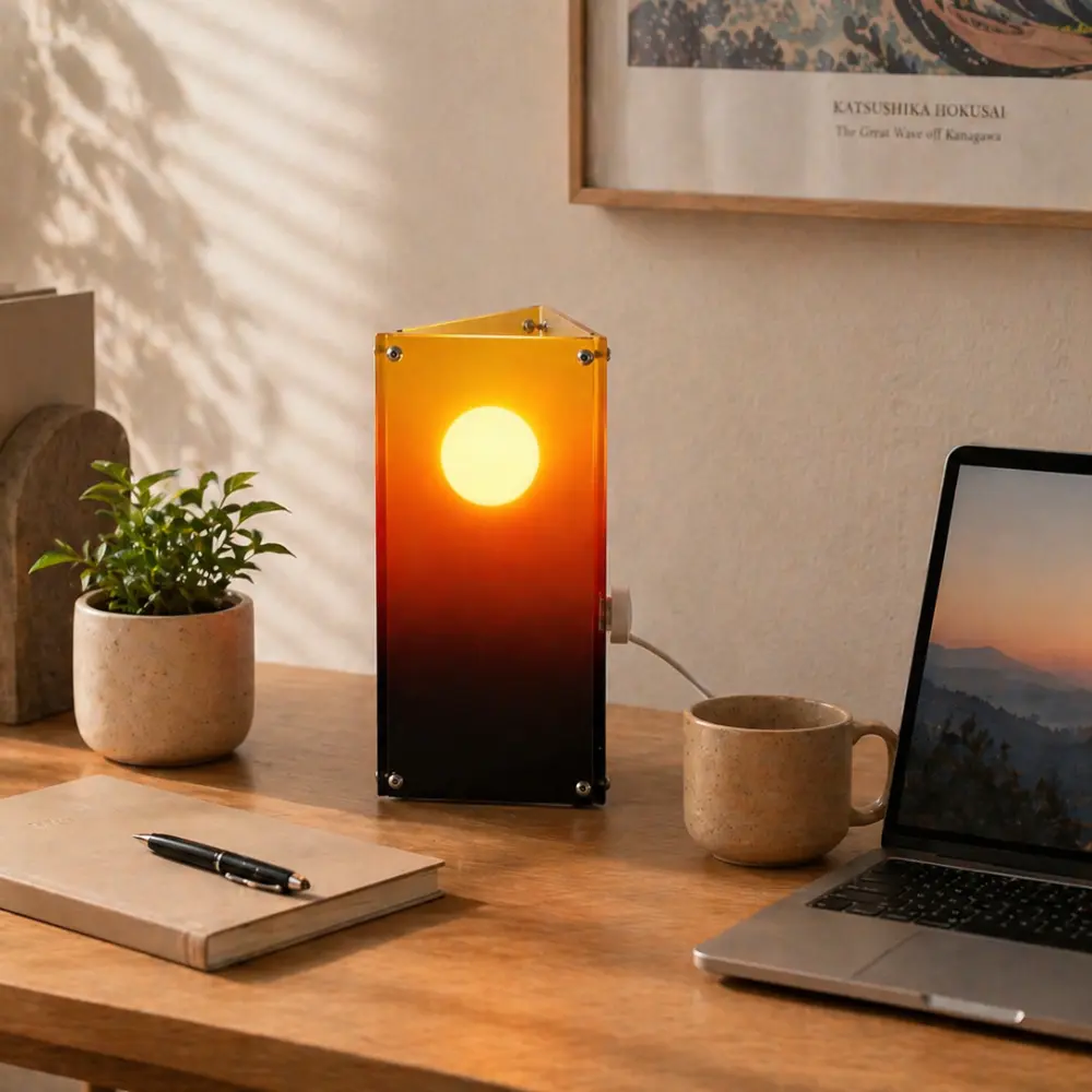 Sunrise Triangle Table Lamp - Manual Adjustable Height "Sun" Interactive Sunset Sensory Light with Acrylic Panels, Ambient Meditation Decor, Bedroom Bedside Indoor Lighting, Bedside Light, Bedroom Decor Lamp