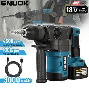 Snuok 18v Brushless Rotary Hammer, 3000mah Type C Battery Kit, Multi-Function Cordless Sds Plus Electric Drill, Concrete Wall Drilling Tool