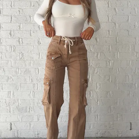 Women's Becca High-Rise Drawstring Cargo Pants, Adjustable Waist Trousers, Flattering Casual Wear