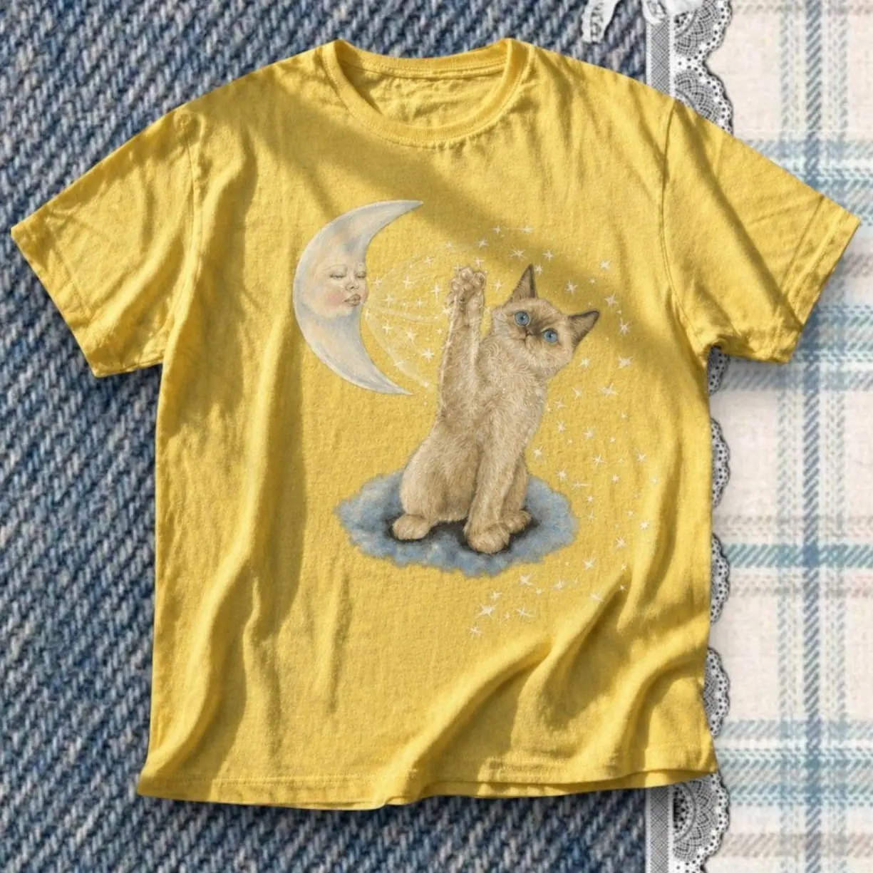 Celestial Cat T-shirt | Vintage Crescent Moon Siamese Cat Graphic Tee, Retro Shirt, Loose Fit Cottagecore Top