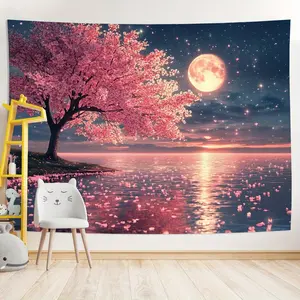 1pc Pink Cherry Blossom Tree Decorative Tapestry, suitable for use in living rooms, bedrooms, offices, and party decorations. A perfect creative gift.