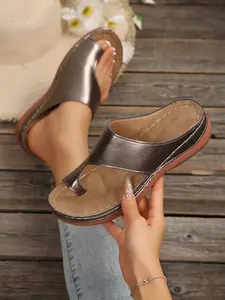 Women's Soft Sole Plain Toe Round Head Flat Comfort Shoes, Casual PU Upper Rubber Sole, Summer Commuter Slip-On Sandals