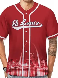 Men's St Louis Baseball Jersey Accents Handwritten Text Gateway Arch City Skyline Print Front Button Polyester Comfort Fit Sports Top Jersey Tops